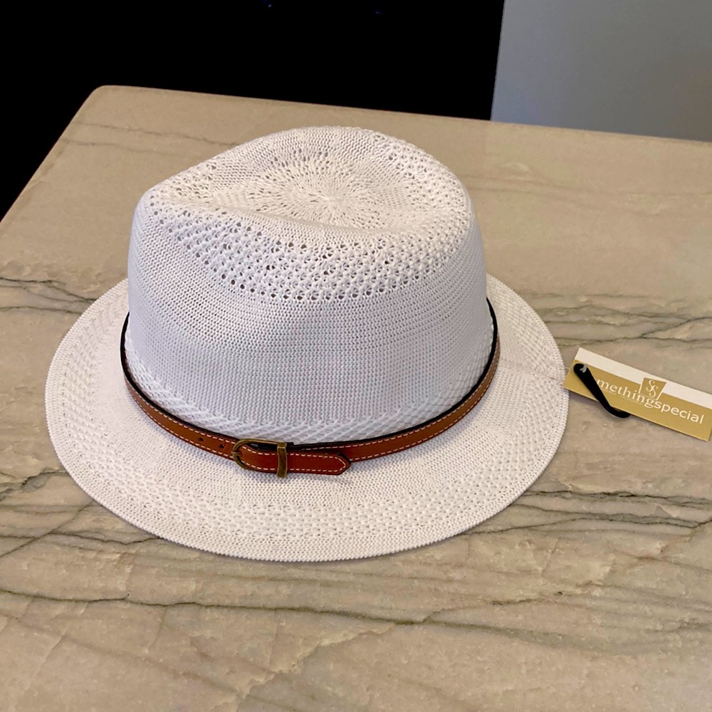 Something Special white fedora with brown leather buckle